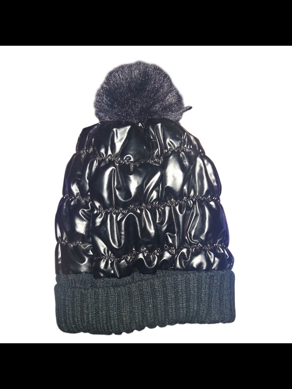 Black Quilted Pom Beanie Hat for Kids - Unbranded